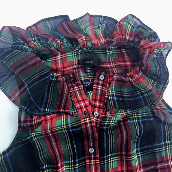 J.Crew Sleeveless Ruffle-Collar Tank & Button Up Black Red Green Tartan Shirt - Picture 9 of 13